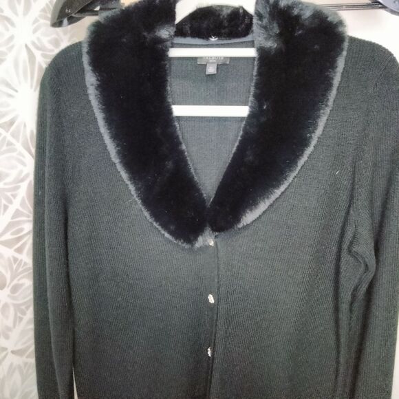 Talbots Black Cardigan Sweater with Faux Fur Collar - Picture 2 of 7